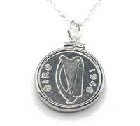 Pendentif plaqué argent massif 1948 porte-bonheur irlandais sixpence 77e anniversaire + une chaîne en argent sterling de 45,7 cm