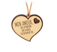 Pendentif pour rétroviseur en Bois 2 épaisseurs avec cordelette en Cuir. Cadeau Original Qui Vient du cœur pour Vos Proches. (22. Mon Amour Fais Attention sur...)