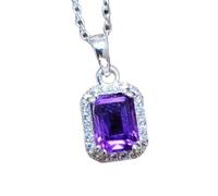 Pendentif rectangulaire à facettes en améthyste naturelle violette 10 x 8 mm, collier rectangulaire en argent sterling 925 avec chaîne en câble de 45 cm, paix, guérison spirituelle, soulagement du