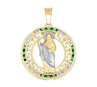 Pendentif religieux Saint Jude en or jaune 14 carats unisexe vert blanc coupe princesse CZ faux diamant 35 x 25,2 mm de large pendentif pour femme