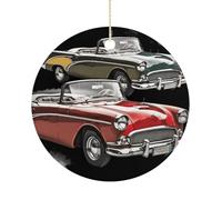 Pendentif rond de Noël classique en forme de voiture Roadsters à l'ancienne - Décoration ronde en porcelaine à suspendre pour sapin de Noël, Nouvel An, fête de mariage, décoration d'intérieur