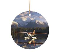 Pendentif rond de Noël en aluminium pour sapin de Noël, avion sur le lac, étiquettes de vacances, ornements en 2 tailles : 7,9 cm/9,9 cm