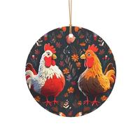 Pendentif rond de Noël en aluminium pour sapin de Noël, décoration d'arbre de Noël, pendentifs imprimés coq poulets, étiquettes de vacances, ornements en 2 tailles : 7,9 cm/9,9 cm