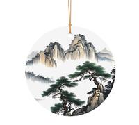 Pendentif rond de Noël en aluminium pour sapin de Noël, décoration de paysage chinois, pendentifs imprimés, étiquettes de vacances, ornements en 2 tailles : 7,9 cm/9,9 cm