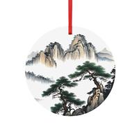 Pendentif rond de Noël en aluminium pour sapin de Noël, décoration de paysage chinois, pendentifs imprimés, étiquettes de vacances, ornements 2 tailles 7,9 cm/9,9 cm