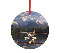 Pendentif rond de Noël en aluminium pour sapin de Noël, motif avion sur le lac, étiquettes de vacances, ornements 2 tailles 7,9 cm/9,9 cm