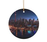 Pendentif rond de Noël en aluminium pour sapin de Noël, paysage urbain nuit au Canada, étiquettes de vacances, ornements en 2 tailles : 7,9 cm/9,9 cm