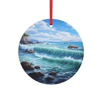 Pendentif rond de Noël en aluminium pour sapin de Noël - Pendentifs imprimés paysage marin bleu, étiquettes de vacances, ornements 2 tailles 7,9 cm/9,9 cm