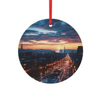 Pendentif rond de Noël en aluminium pour sapin de Noël - Pendentifs imprimés paysage urbain au crépuscule - 2 tailles : 7,9 cm / 9,9 cm