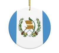 Pendentif rond de Noël en céramique à suspendre - 7,4 cm - Drapeau WHJSSF du Guatemala - Décoration lisse