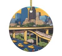 Pendentif rond de Noël en céramique à suspendre - 7,4 cm WHJSSF Cartoon Austin Texas Décoration de vacances