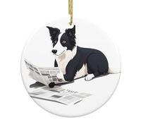 Pendentif rond de Noël en céramique à suspendre - 7,4 cm YYHHAOFA Border Collie lisant journal décoratif lisse