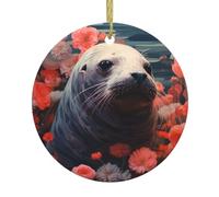 Pendentif rond de Noël en céramique à suspendre - Sceau WHJSSF 7,4 cm dans la décoration florale lisse