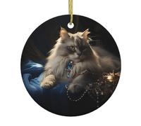 Pendentif rond de Noël en céramique VVXBHGR Fortune Cat Prints Décoration festive à suspendre