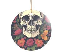 Pendentif rond droit de 7,3 cm en forme de tête de mort et de fleur, décoration en acrylique transparent, décoration d'arbre de Noël.