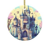 Pendentif rond en céramique à motif château de conte de fées - Décoration de fête festive à suspendre pour sapin de Noël et cheminée