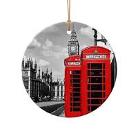 Pendentif rond en céramique à suspendre avec téléphone de Londres rétro Angleterre UK Décoration de sapin de Noël pour Thanksgiving, Nouvel An, Noël, vacances, fête de mariage, cadeaux souvenirs 1