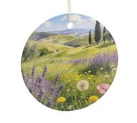 Pendentif rond en céramique à suspendre champs de fleurs et montagnes claires, décoration d'intérieur double face personnalisée, décoration d'intérieur légère et durable, cadeau pour la maison, les