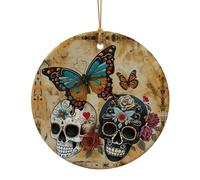 Pendentif rond en céramique avec imprimé crânes et papillons pour décoration de maison, décoration de Noël