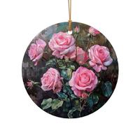 Pendentif rond en céramique avec imprimé roses fraîches roses pour décoration de maison, décoration de Noël