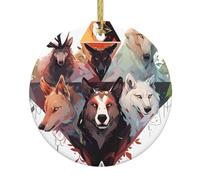 Pendentif rond en céramique avec loups et rennes - Décoration personnalisée à suspendre pour sapin de Noël pour décoration d'intérieur