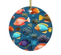 Pendentif rond en céramique avec motifs de poissons de récif sous-marin - Décoration festive à suspendre pour sapin de Noël et cheminée