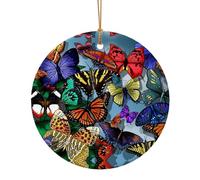 Pendentif rond en céramique - Décoration de Noël en forme de papillon coloré dessiné à la main, artisanat pour sapin de Noël, étiquettes de vacances, bas de Noël, 7,3 cm, verre, sans pierre précieuse