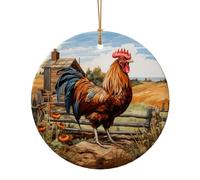 Pendentif rond en céramique imprimé coq sur bois dans les terres agricoles pour décoration de voyage, décoration de Noël