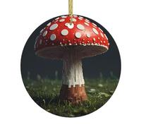 Pendentif rond en céramique motif champignon pixel - Décoration festive à suspendre pour sapin de Noël et cheminée