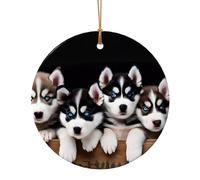 Pendentif rond en céramique pour sapin de Noël Husky Chiots 7,3 cm