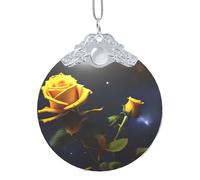 Pendentif rond en verre argenté - Roses jaunes Nuit étoilée Idéal pour la maison, le mur de jardin, le plafond et le sapin de Noël Ornement à suspendre