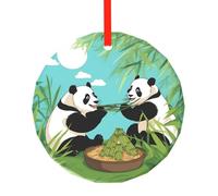 Pendentif rond en verre avec deux jolis grands pandas imprimés - élégant arbre de Noël à suspendre ornement pour la maison, le bureau avec ficelle rouge
