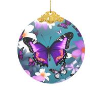 Pendentif rond en verre avec imprimé papillon et fleurs violets - Décoration d'arbre de Noël, cadeau pour la maison, le centre commercial