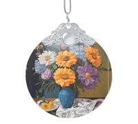 Pendentif rond en verre avec motif fleur et diamant pour sapin de Noël avec boucle en métal à suspendre