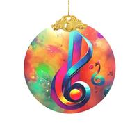 Pendentif rond en verre coloré imprimé note de musique - Décoration d'arbre de Noël - Cadeau pour la maison et le centre commercial