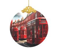 Pendentif rond en verre imprimé rue de Londres rouge - Décoration d'arbre de Noël Cadeau pour la maison ou le centre commercial