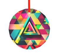 Pendentif rond en verre imprimé triangle coloré - Arbre de Noël à suspendre pour les vacances, la maison, le bureau avec ficelle rouge