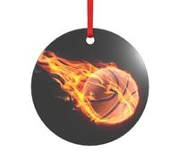 Pendentif souvenir de Noël rond en acrylique avec motif de basket-ball sur le feu