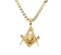 Pendentif tête de lion maçonnique pour homme - Collier tête de lion scintillant - Zircon rugissant - Bijou animal pour homme, Groß, Acier inoxydable, Pas de gemme