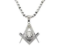 Pendentif tête de lion maçonnique pour homme - Collier tête de lion scintillant - Zircon rugissant - Bijou animal pour homme, Groß, Acier inoxydable, Pas de gemme