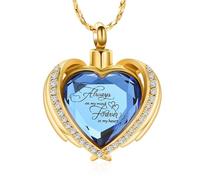 Pendentif urne funéraire en forme de cœur en cristal pour les cendres - Collier pour homme et femme - Médaillon souvenir pour cendres - Pour toujours dans mon cœur - Doré et bleu