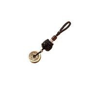 Pendentif Voiture, Keychain Wooden Amulet Small Leaf Red Sandalwood Brass Five Emperors Coins Awakening Lion(B)