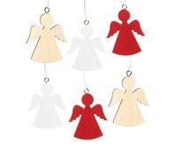 Pendentifs de noël Anges, 6 pièces: Breloques Bois Rouges, Blancs & naturels, Suspension Sapin et Branches, décoration à Suspendre Rustique, Petit Ornement Protecteur Ange Gardien 5 cm