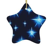 Pendentifs de Noël en céramique en forme d'étoile bleue de dessin animé, tous avec trous perforés et cordes métalliques dorées pour une suspension facile