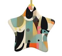 Pendentifs de Noël en céramique en forme d'étoile en forme de chat d'art moderne du milieu du siècle, tous avec trous perforés et cordes métalliques dorées pour une suspension facile