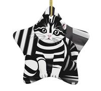Pendentifs de Noël en céramique en forme d'étoile en forme de chaton rayé noir et blanc, tous avec trous perforés et cordes métalliques dorées pour une suspension facile