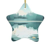 Pendentifs de Noël en céramique en forme d'étoile en forme de feuilles tombées sur un lac tranquille, tous avec trous perforés et cordes métalliques dorées pour une suspension facile