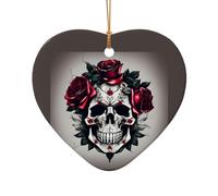 Pendentifs en céramique à suspendre pour sapin de Noël Motif tête de mort et rose rouge