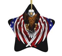 Pendentifs en céramique en forme d'étoile avec drapeau des États-Unis et aigle patriotique de Noël, tous avec trous perforés et cordes métalliques dorées pour une suspension facile