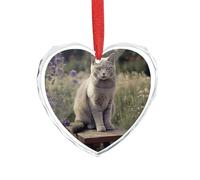 Pendentifs en forme de chat gris en verre en forme de cœur dans un champ de fleurs pour décoration de Noël, décorations à suspendre pour sapin de Noël, décorations en cristal photo personnalisées pour